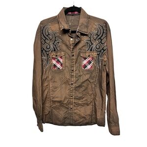 2/$20   Rodeo Men's Brown Embroidered Plaid Button-Up Shirt